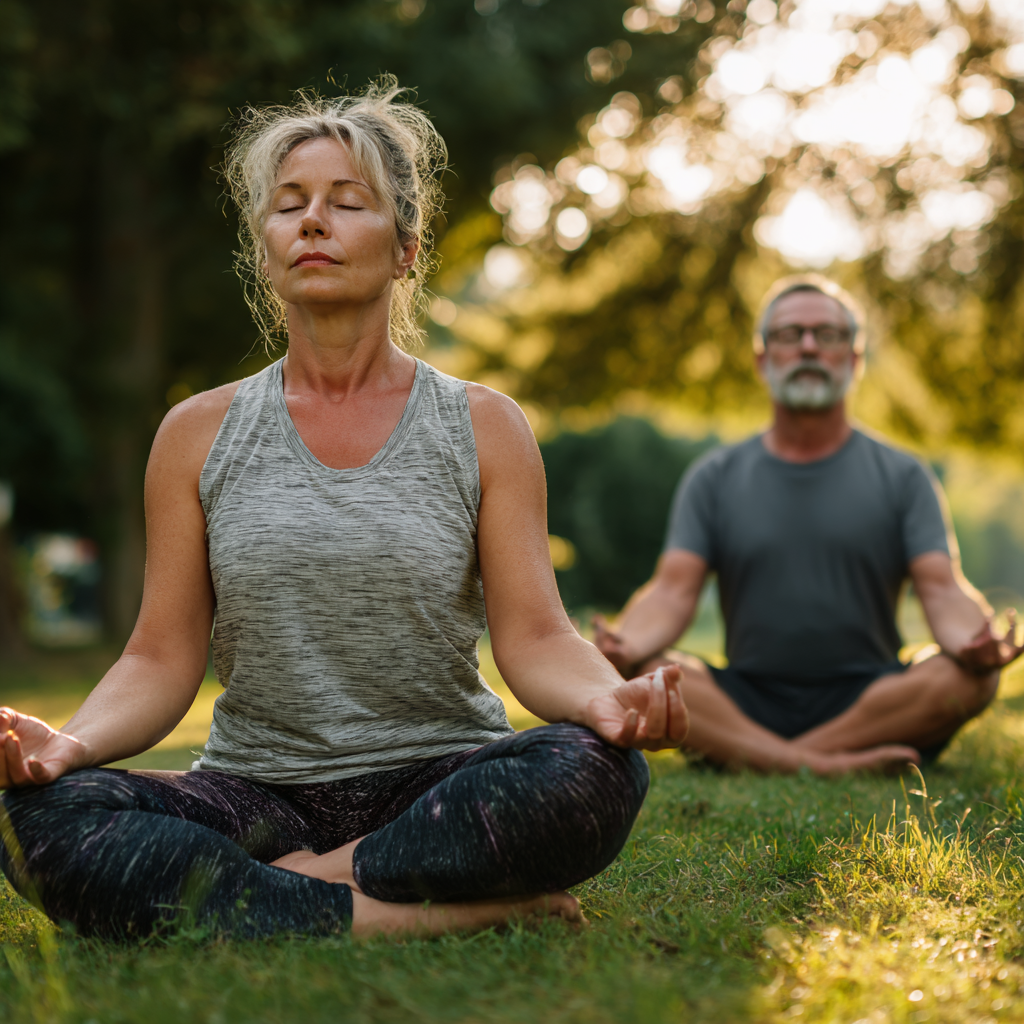 Middle-aged adults practicing mindful yoga poses in serene natural setting